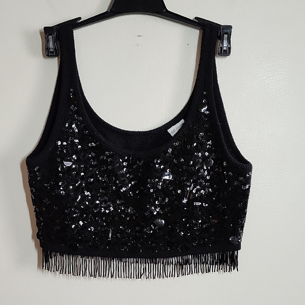 Lana Vergine WV Cropped Sequin Tank Top Beaded Fringe Italy EUR 38 Wool Angora